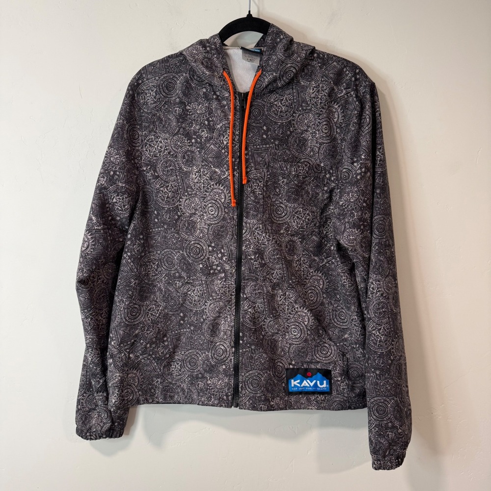 Kavu‎ Mens Full Zip Windbreaker Small Black White Geometric Hooded Jacket